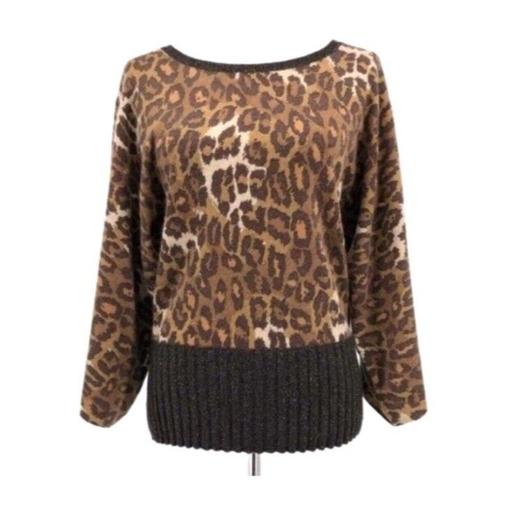 Saks Fifth Avenue Cashmere Sweater Size M Leopard Boat Neck Wide Kimono Sleeves